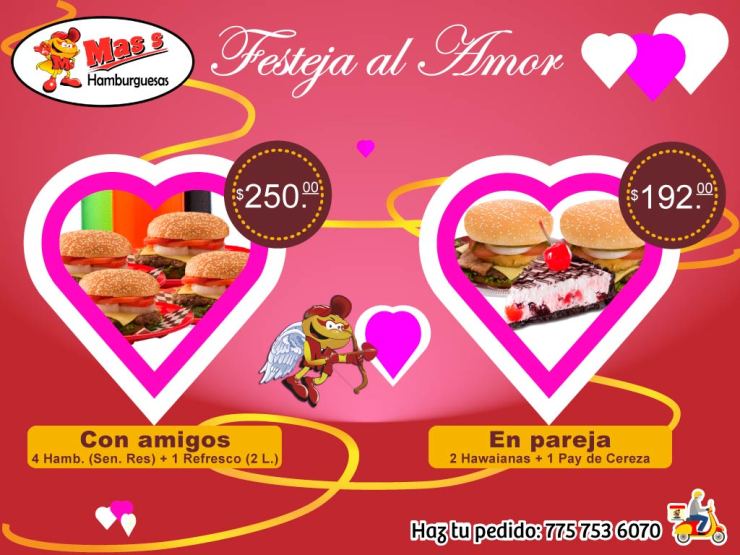 Promoción San Valent+in 2 hamburguesas hawaianas y un pay de cereza: 192 pesos